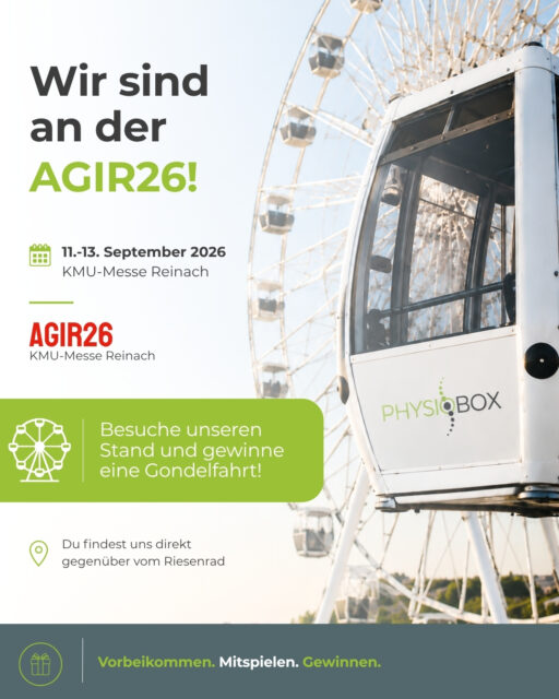 Vom 11. bis 13. September sind wir an der AGIR26 in Reinach – mit unserem Aussenstand gleich vis-à-vis vom Riesenrad.
Kommt doch kurz bei uns vorbei und macht bei unserem Standspiel mit.!
Mit etwas Glück gewinnt ihr eine Fahrt in unserer eigenen PHYSIOBOX-Gondel. 💚
Wir würden uns freuen, dich bei uns am Stand zu begrüssen!
📍 AGIR26 – KMU-Messe Reinach
📅 11.–13. September 2026
#physiobox #agir26 #reinachbl #kmu #gesundheit